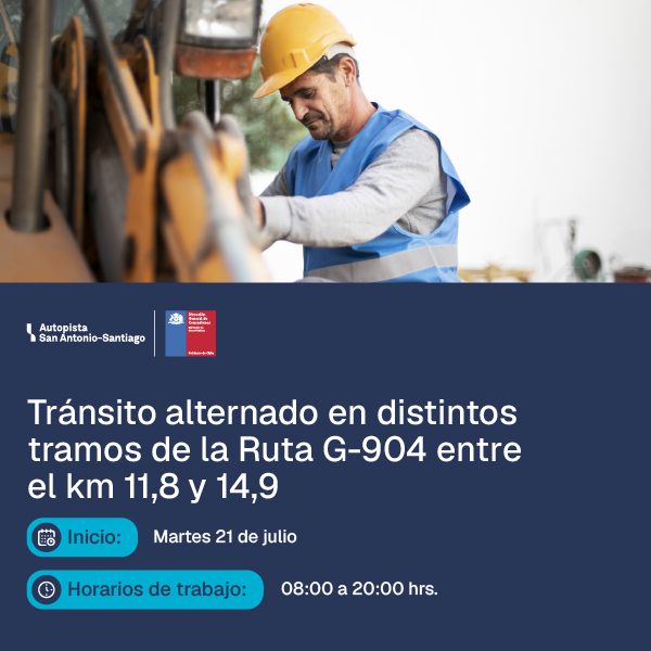 Tránsito alternado en distintos tramos de la Ruta G-904 entre los km 11,8 y 14,9 desde el martes 21 de julio