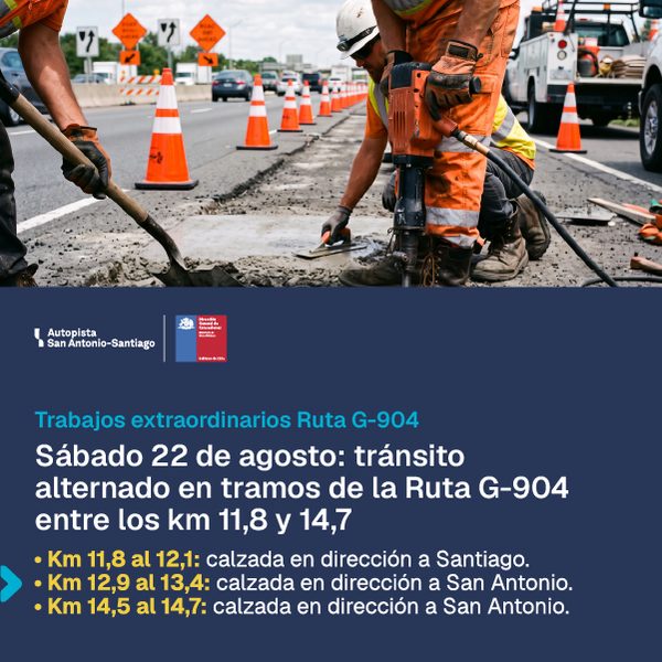 Tránsito alternado en tramos de la Ruta G-904 entre los km 11,8 y 14,7 el sábado 22 de agosto de 2026
