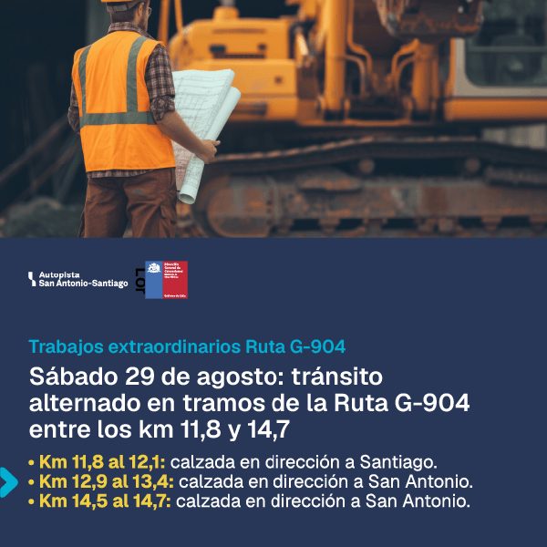 Tránsito alternado en tres tramos de la Ruta G-904 entre los km 11,8 y 14,7 el sábado 29 de agosto de 2026
