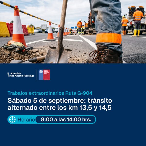 Tránsito alternado entre los kilómetros 13,5 y 14,5 de la Ruta G-904 el sábado 5 de septiembre de 2026
