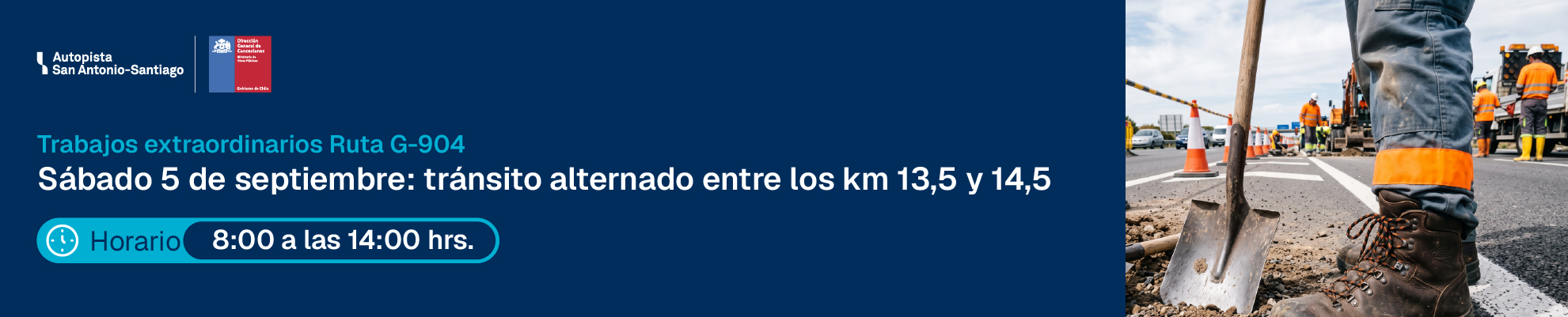 Tránsito alternado entre los kilómetros 13,5 y 14,5 de la Ruta G-904 el sábado 5 de septiembre de 2026
