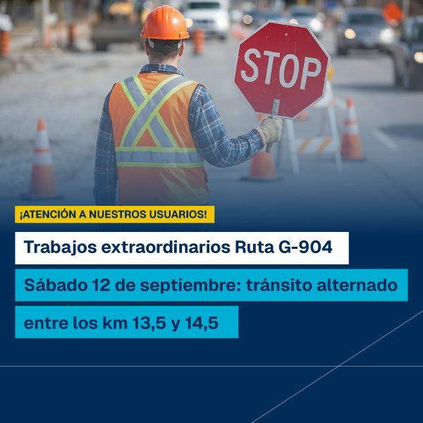 Tránsito alternado entre los kilómetros 13,5 y 14,5 de la Ruta G-904 el sábado 12 de septiembre de 2026