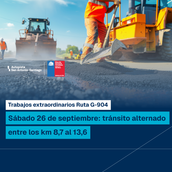 Tránsito alternado entre los kilómetros 8,7 y 13,6 de la Ruta G-904 el sábado 26 de septiembre de 2026