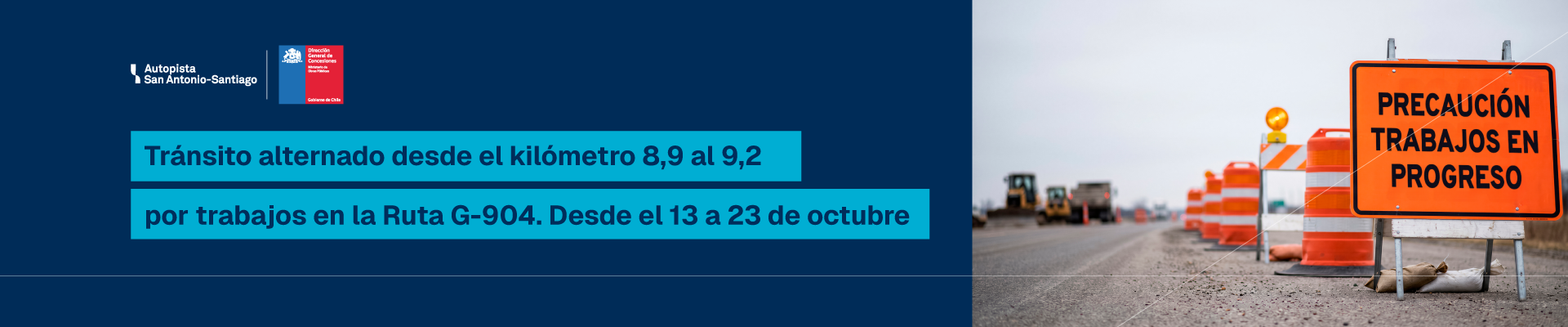Tránsito alternado entre los kilómetros 8,9 y 9,2 de la Ruta G-904 entre el 13 y el 23 de octubre de 2026